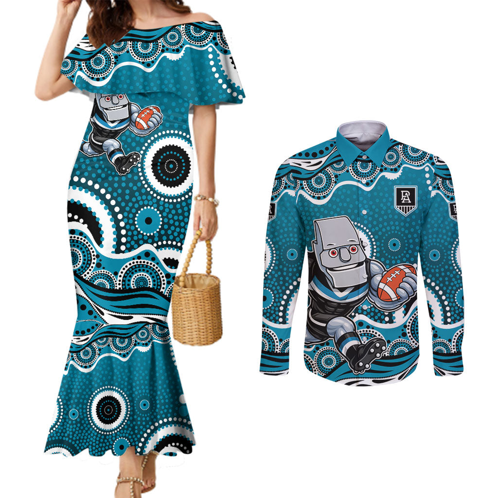 Port Adelaide Power Couples Matching Mermaid Dress and Long Sleeve Button Shirt Aboriginal Dot Pattern - Football Mascot Heritage Pride