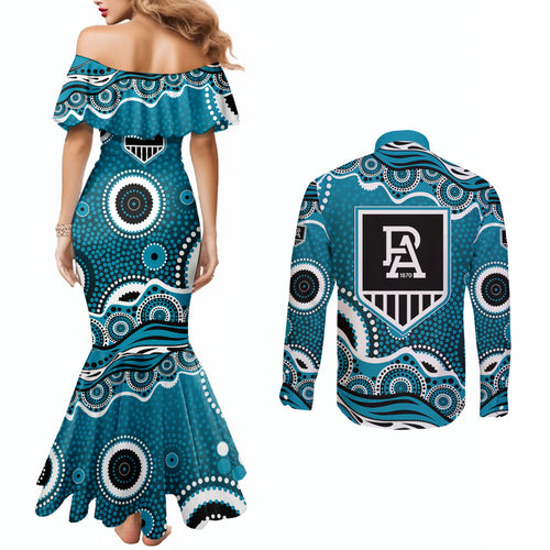 Port Adelaide Power Couples Matching Mermaid Dress and Long Sleeve Button Shirt Aboriginal Dot Pattern - Football Mascot Heritage Pride