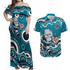 Port Adelaide Power Couples Matching Off Shoulder Maxi Dress and Hawaiian Shirt Aboriginal Dot Pattern - Football Mascot Heritage Pride