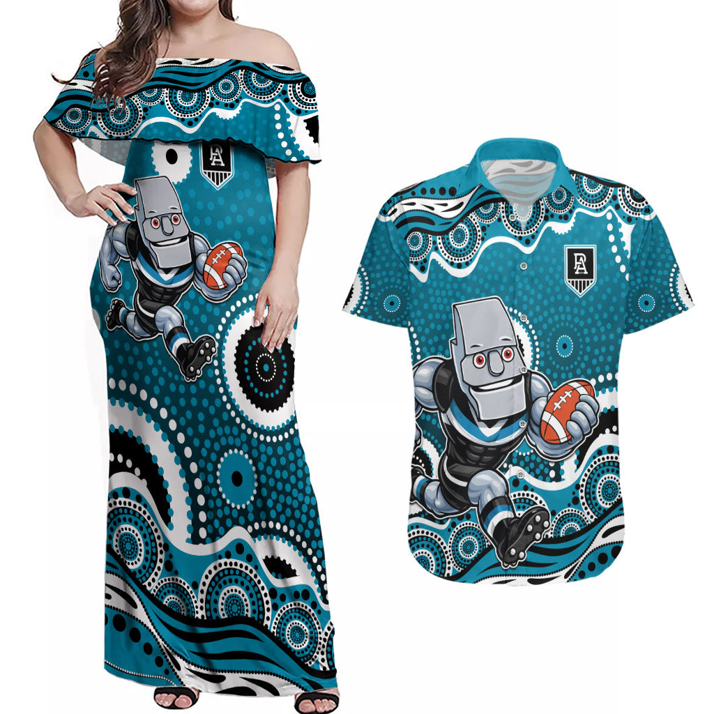 Port Adelaide Power Couples Matching Off Shoulder Maxi Dress and Hawaiian Shirt Aboriginal Dot Pattern - Football Mascot Heritage Pride