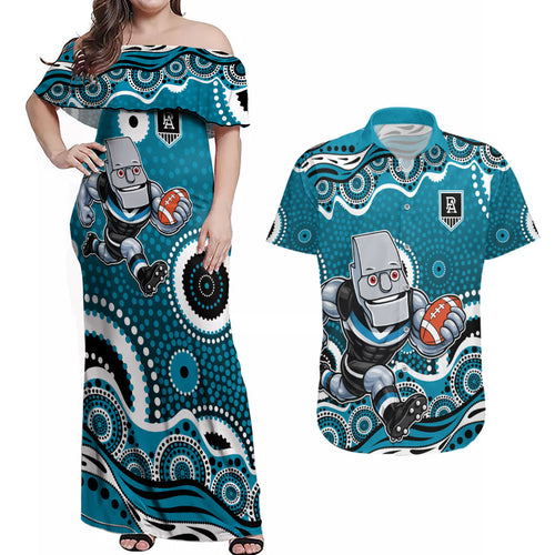Port Adelaide Power Couples Matching Off Shoulder Maxi Dress and Hawaiian Shirt Aboriginal Dot Pattern - Football Mascot Heritage Pride