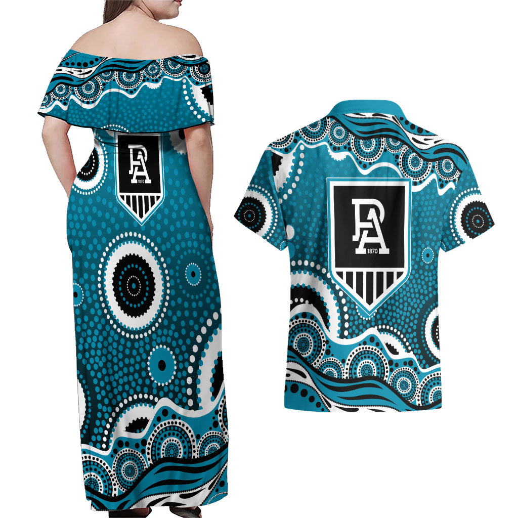 Port Adelaide Power Couples Matching Off Shoulder Maxi Dress and Hawaiian Shirt Aboriginal Dot Pattern - Football Mascot Heritage Pride