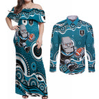 Port Adelaide Power Couples Matching Off Shoulder Maxi Dress and Long Sleeve Button Shirt Aboriginal Dot Pattern - Football Mascot Heritage Pride