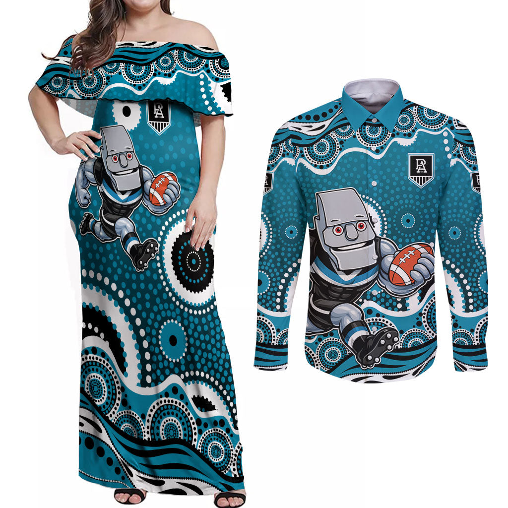 Port Adelaide Power Couples Matching Off Shoulder Maxi Dress and Long Sleeve Button Shirt Aboriginal Dot Pattern - Football Mascot Heritage Pride