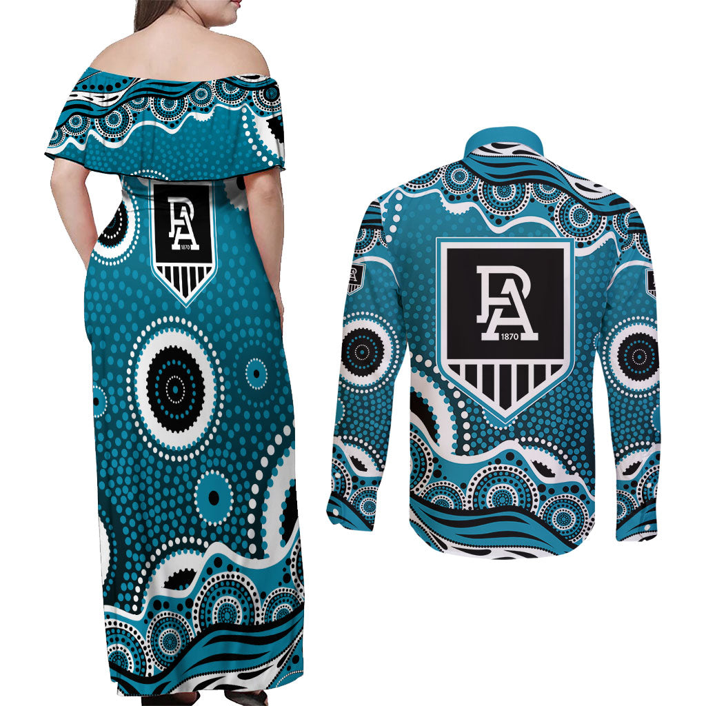 Port Adelaide Power Couples Matching Off Shoulder Maxi Dress and Long Sleeve Button Shirt Aboriginal Dot Pattern - Football Mascot Heritage Pride