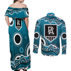 Port Adelaide Power Couples Matching Off Shoulder Maxi Dress and Long Sleeve Button Shirt Aboriginal Dot Pattern - Football Mascot Heritage Pride