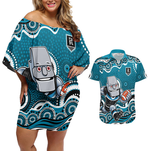 Port Adelaide Power Couples Matching Off Shoulder Short Dress and Hawaiian Shirt Aboriginal Dot Pattern - Football Mascot Heritage Pride