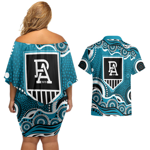 Port Adelaide Power Couples Matching Off Shoulder Short Dress and Hawaiian Shirt Aboriginal Dot Pattern - Football Mascot Heritage Pride