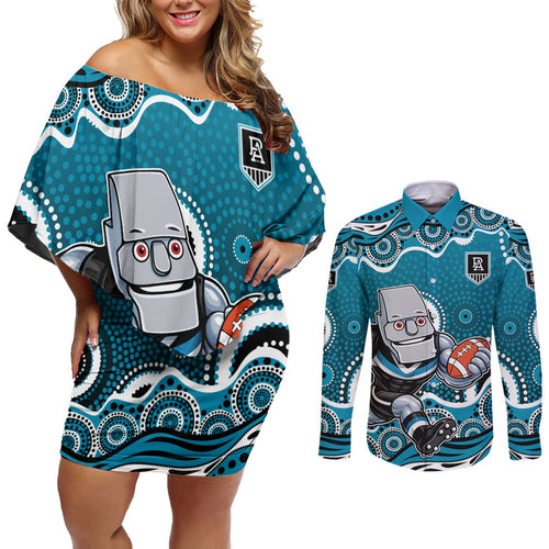 Port Adelaide Power Couples Matching Off Shoulder Short Dress and Long Sleeve Button Shirt Aboriginal Dot Pattern - Football Mascot Heritage Pride