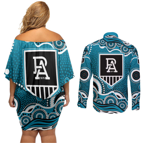 Port Adelaide Power Couples Matching Off Shoulder Short Dress and Long Sleeve Button Shirt Aboriginal Dot Pattern - Football Mascot Heritage Pride