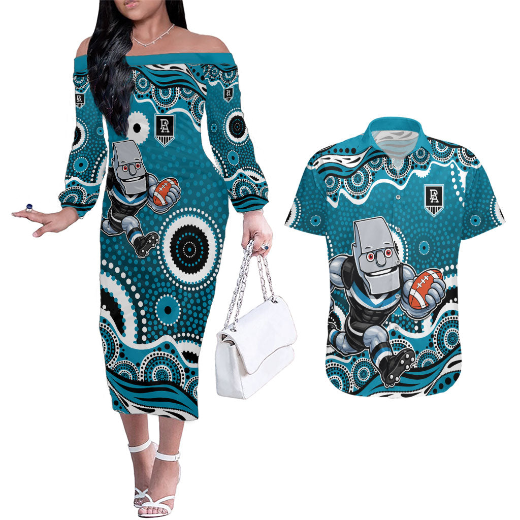 Port Adelaide Power Couples Matching Off The Shoulder Long Sleeve Dress and Hawaiian Shirt Aboriginal Dot Pattern - Football Mascot Heritage Pride