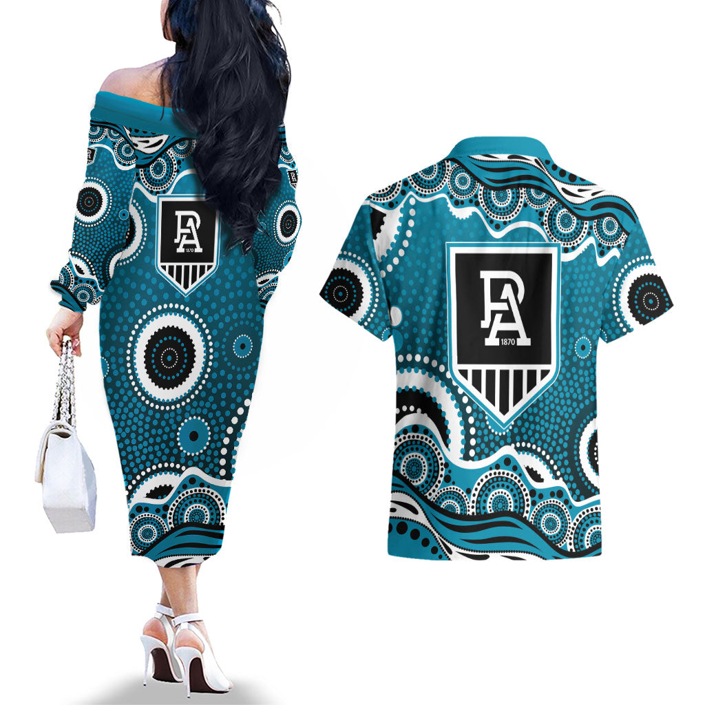 Port Adelaide Power Couples Matching Off The Shoulder Long Sleeve Dress and Hawaiian Shirt Aboriginal Dot Pattern - Football Mascot Heritage Pride