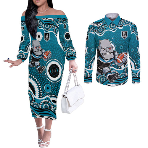 Port Adelaide Power Couples Matching Off The Shoulder Long Sleeve Dress and Long Sleeve Button Shirt Aboriginal Dot Pattern - Football Mascot Heritage Pride