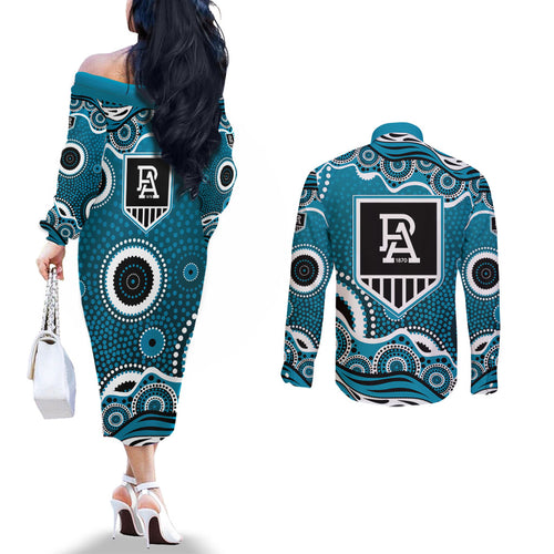 Port Adelaide Power Couples Matching Off The Shoulder Long Sleeve Dress and Long Sleeve Button Shirt Aboriginal Dot Pattern - Football Mascot Heritage Pride