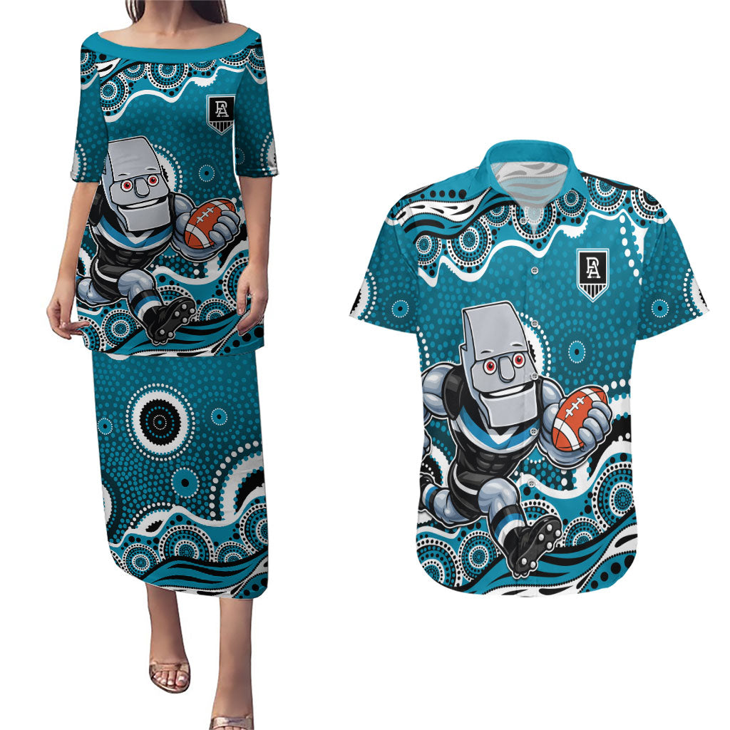 Port Adelaide Power Couples Matching Puletasi and Hawaiian Shirt Aboriginal Dot Pattern - Football Mascot Heritage Pride