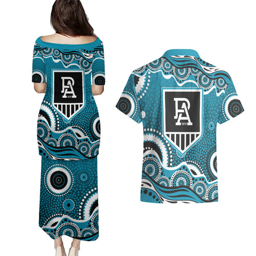 Port Adelaide Power Couples Matching Puletasi and Hawaiian Shirt Aboriginal Dot Pattern - Football Mascot Heritage Pride