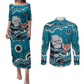 Port Adelaide Power Couples Matching Puletasi and Long Sleeve Button Shirt Aboriginal Dot Pattern - Football Mascot Heritage Pride