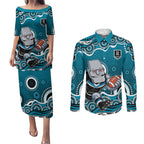 Port Adelaide Power Couples Matching Puletasi and Long Sleeve Button Shirt Aboriginal Dot Pattern - Football Mascot Heritage Pride