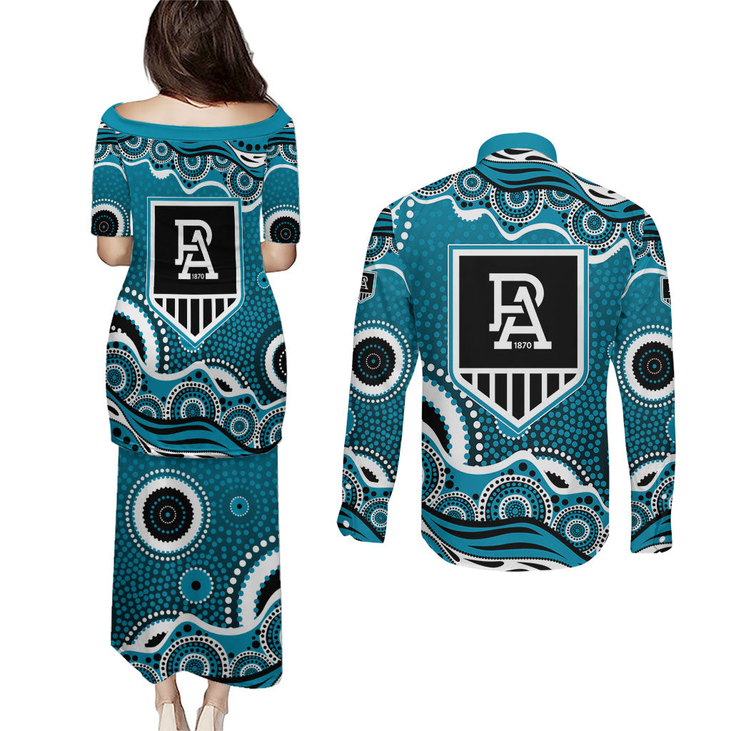 Port Adelaide Power Couples Matching Puletasi and Long Sleeve Button Shirt Aboriginal Dot Pattern - Football Mascot Heritage Pride