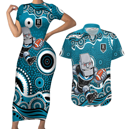 Port Adelaide Power Couples Matching Short Sleeve Bodycon Dress and Hawaiian Shirt Aboriginal Dot Pattern - Football Mascot Heritage Pride