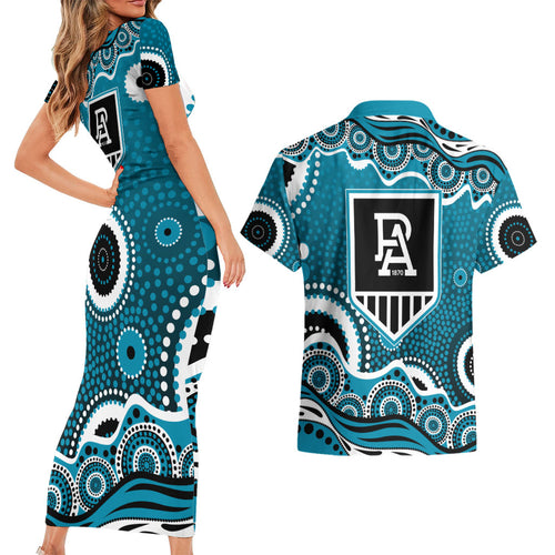 Port Adelaide Power Couples Matching Short Sleeve Bodycon Dress and Hawaiian Shirt Aboriginal Dot Pattern - Football Mascot Heritage Pride