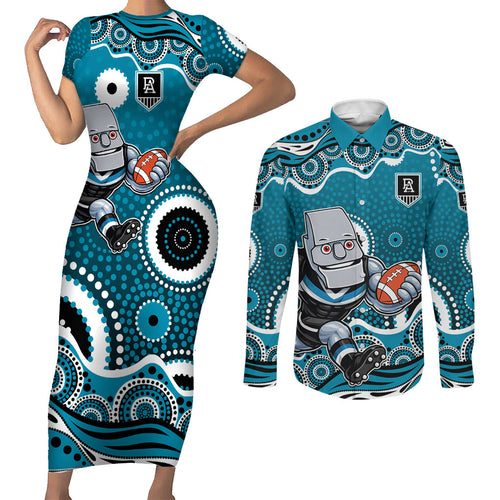 Port Adelaide Power Couples Matching Short Sleeve Bodycon Dress and Long Sleeve Button Shirt Aboriginal Dot Pattern - Football Mascot Heritage Pride