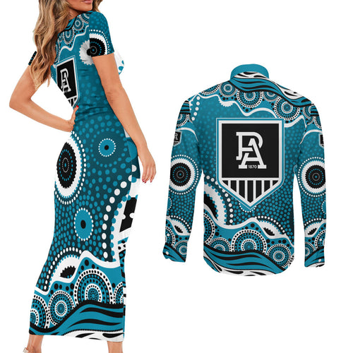 Port Adelaide Power Couples Matching Short Sleeve Bodycon Dress and Long Sleeve Button Shirt Aboriginal Dot Pattern - Football Mascot Heritage Pride