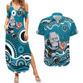 Port Adelaide Power Couples Matching Summer Maxi Dress and Hawaiian Shirt Aboriginal Dot Pattern - Football Mascot Heritage Pride