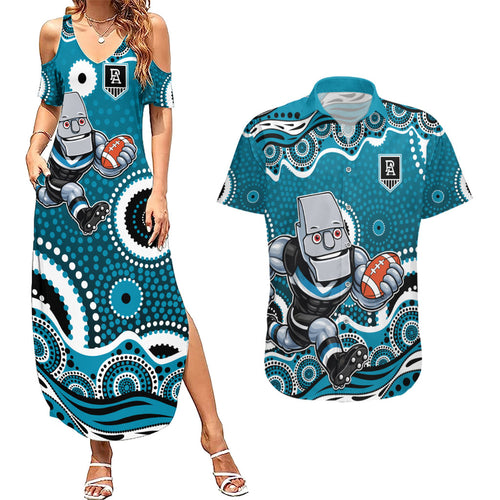 Port Adelaide Power Couples Matching Summer Maxi Dress and Hawaiian Shirt Aboriginal Dot Pattern - Football Mascot Heritage Pride
