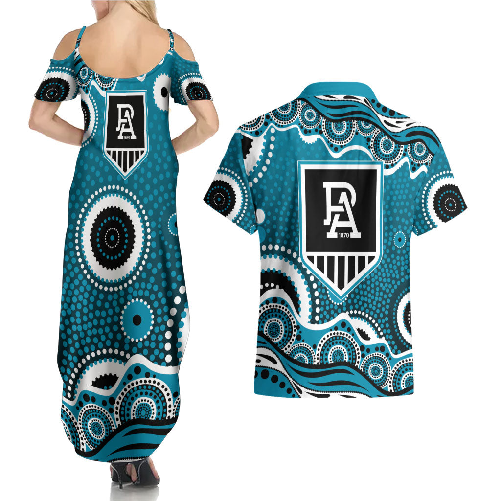 Port Adelaide Power Couples Matching Summer Maxi Dress and Hawaiian Shirt Aboriginal Dot Pattern - Football Mascot Heritage Pride