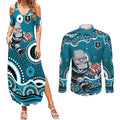 Port Adelaide Power Couples Matching Summer Maxi Dress and Long Sleeve Button Shirt Aboriginal Dot Pattern - Football Mascot Heritage Pride