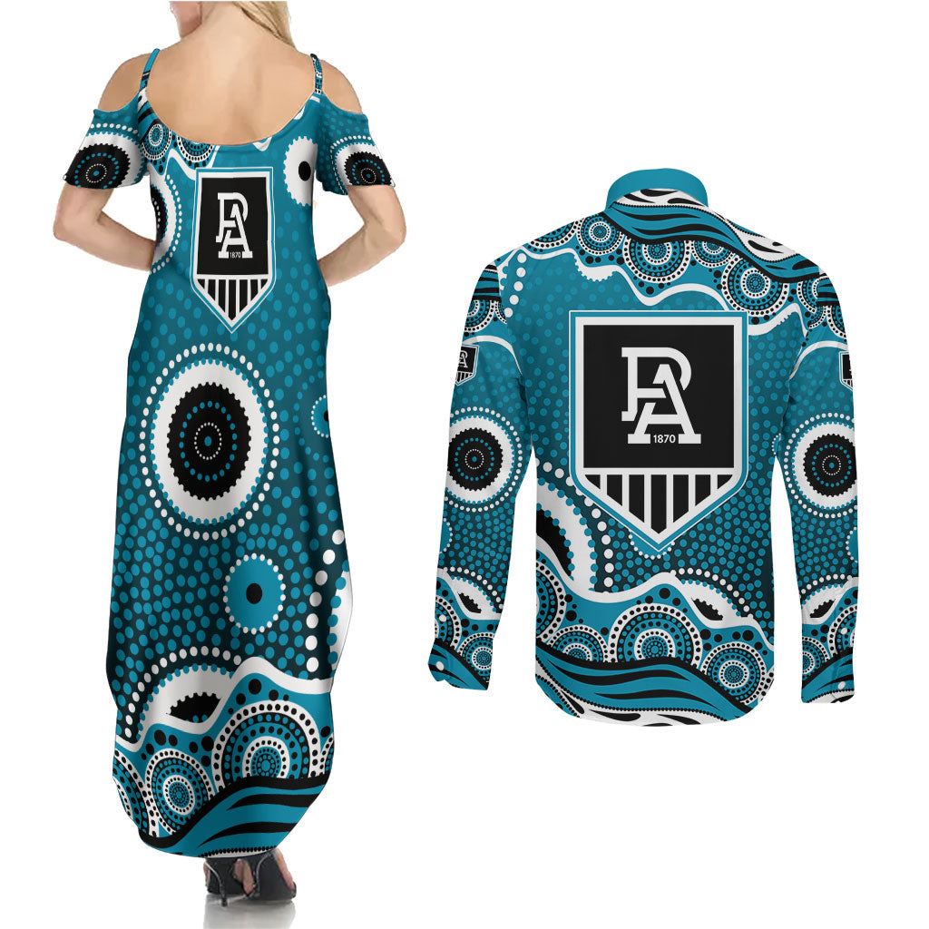 Port Adelaide Power Couples Matching Summer Maxi Dress and Long Sleeve Button Shirt Aboriginal Dot Pattern - Football Mascot Heritage Pride