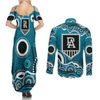 Port Adelaide Power Couples Matching Summer Maxi Dress and Long Sleeve Button Shirt Aboriginal Dot Pattern - Football Mascot Heritage Pride