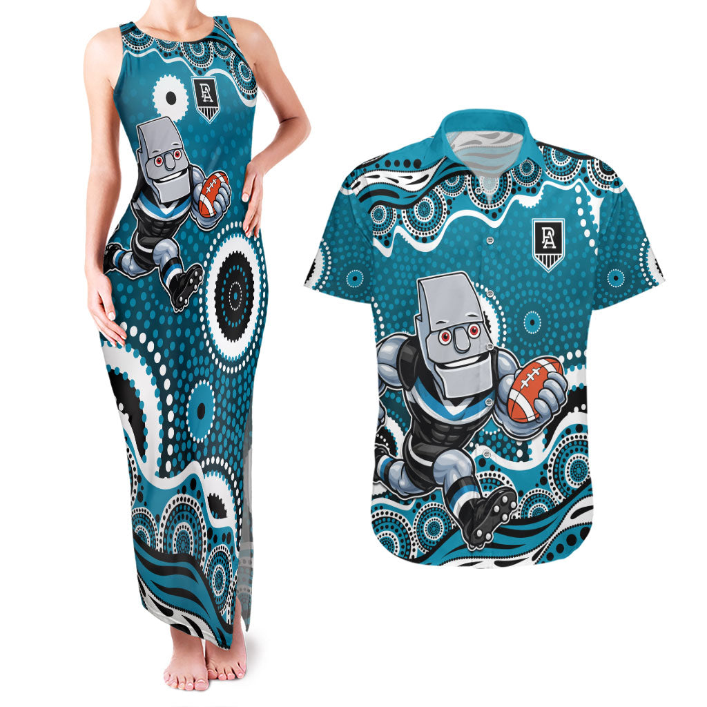 Port Adelaide Power Couples Matching Tank Maxi Dress and Hawaiian Shirt Aboriginal Dot Pattern - Football Mascot Heritage Pride