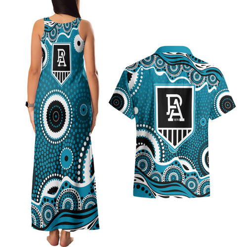 Port Adelaide Power Couples Matching Tank Maxi Dress and Hawaiian Shirt Aboriginal Dot Pattern - Football Mascot Heritage Pride