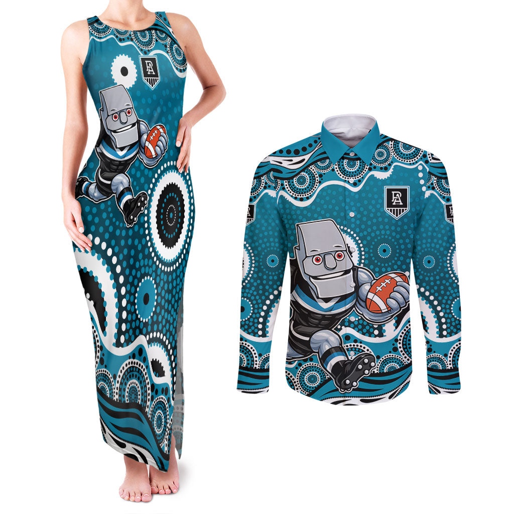 Port Adelaide Power Couples Matching Tank Maxi Dress and Long Sleeve Button Shirt Aboriginal Dot Pattern - Football Mascot Heritage Pride