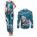 Port Adelaide Power Couples Matching Tank Maxi Dress and Long Sleeve Button Shirt Aboriginal Dot Pattern - Football Mascot Heritage Pride