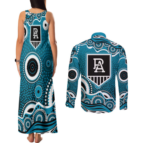 Port Adelaide Power Couples Matching Tank Maxi Dress and Long Sleeve Button Shirt Aboriginal Dot Pattern - Football Mascot Heritage Pride