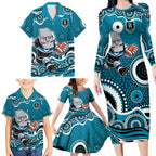 Port Adelaide Power Family Matching Long Sleeve Bodycon Dress and Hawaiian Shirt Aboriginal Dot Pattern - Football Mascot Heritage Pride