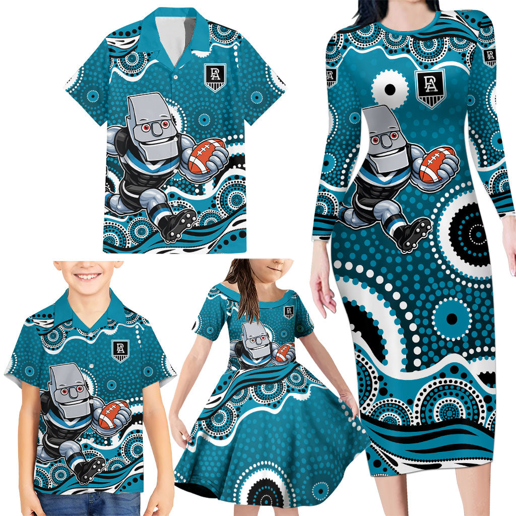 Port Adelaide Power Family Matching Long Sleeve Bodycon Dress and Hawaiian Shirt Aboriginal Dot Pattern - Football Mascot Heritage Pride