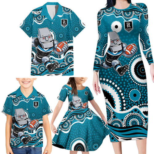 Port Adelaide Power Family Matching Long Sleeve Bodycon Dress and Hawaiian Shirt Aboriginal Dot Pattern - Football Mascot Heritage Pride