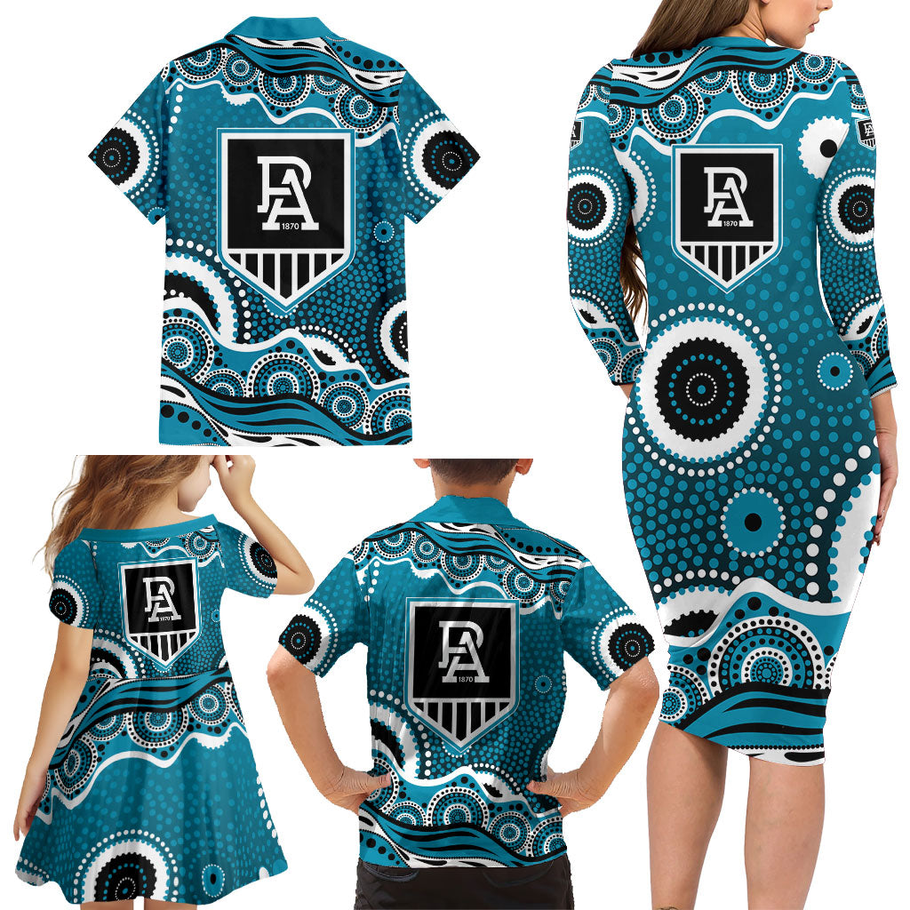 Port Adelaide Power Family Matching Long Sleeve Bodycon Dress and Hawaiian Shirt Aboriginal Dot Pattern - Football Mascot Heritage Pride