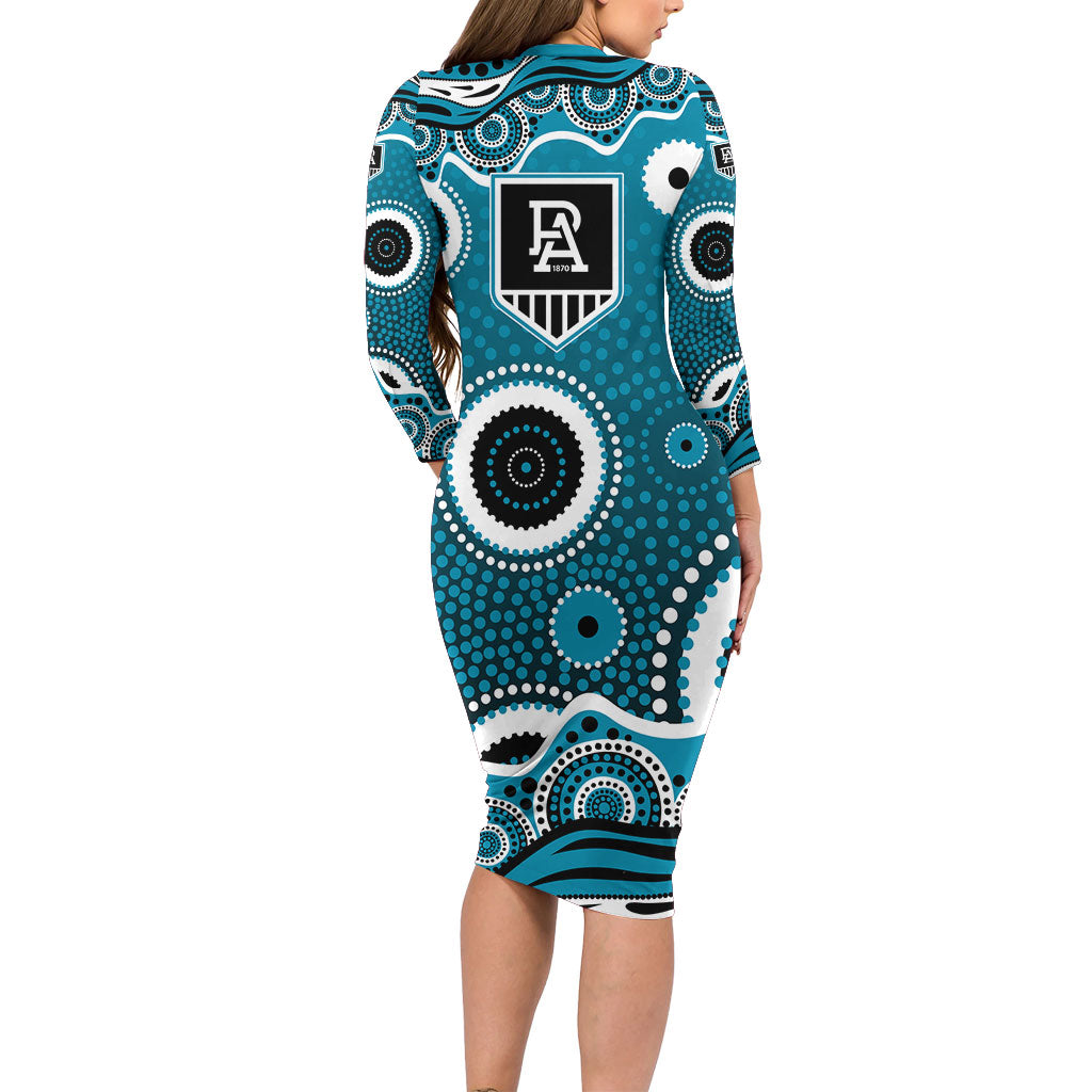 Port Adelaide Power Family Matching Long Sleeve Bodycon Dress and Hawaiian Shirt Aboriginal Dot Pattern - Football Mascot Heritage Pride