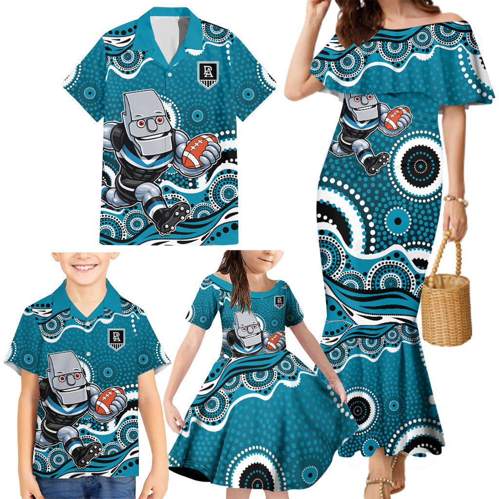 Port Adelaide Power Family Matching Mermaid Dress and Hawaiian Shirt Aboriginal Dot Pattern - Football Mascot Heritage Pride