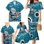 Port Adelaide Power Family Matching Mermaid Dress and Hawaiian Shirt Aboriginal Dot Pattern - Football Mascot Heritage Pride