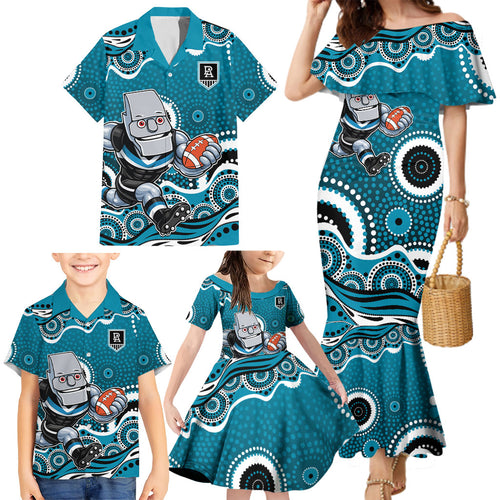 Port Adelaide Power Family Matching Mermaid Dress and Hawaiian Shirt Aboriginal Dot Pattern - Football Mascot Heritage Pride