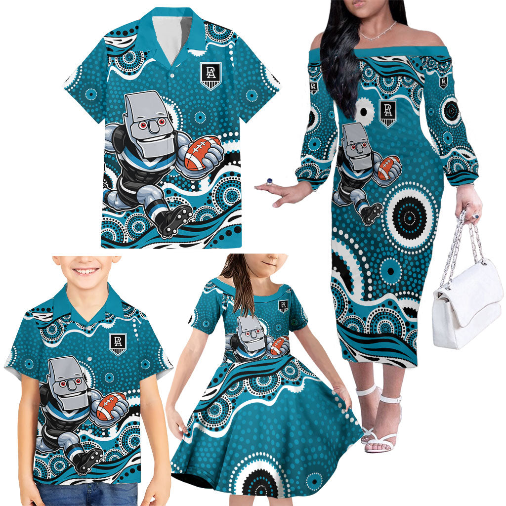 Port Adelaide Power Family Matching Off The Shoulder Long Sleeve Dress and Hawaiian Shirt Aboriginal Dot Pattern - Football Mascot Heritage Pride