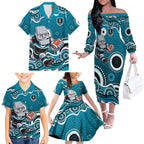 Port Adelaide Power Family Matching Off The Shoulder Long Sleeve Dress and Hawaiian Shirt Aboriginal Dot Pattern - Football Mascot Heritage Pride
