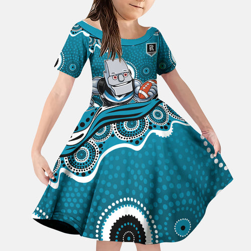 Port Adelaide Power Family Matching Off The Shoulder Long Sleeve Dress and Hawaiian Shirt Aboriginal Dot Pattern - Football Mascot Heritage Pride