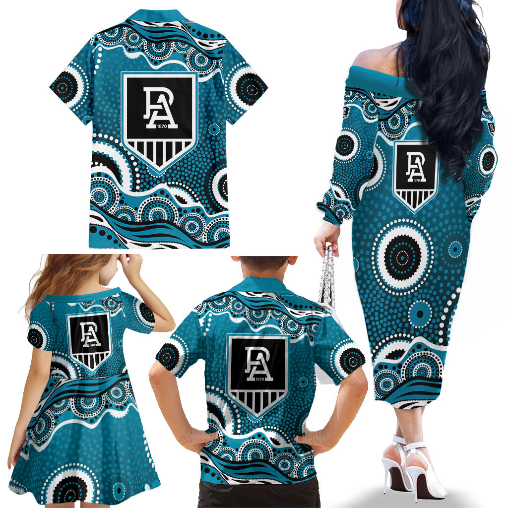 Port Adelaide Power Family Matching Off The Shoulder Long Sleeve Dress and Hawaiian Shirt Aboriginal Dot Pattern - Football Mascot Heritage Pride